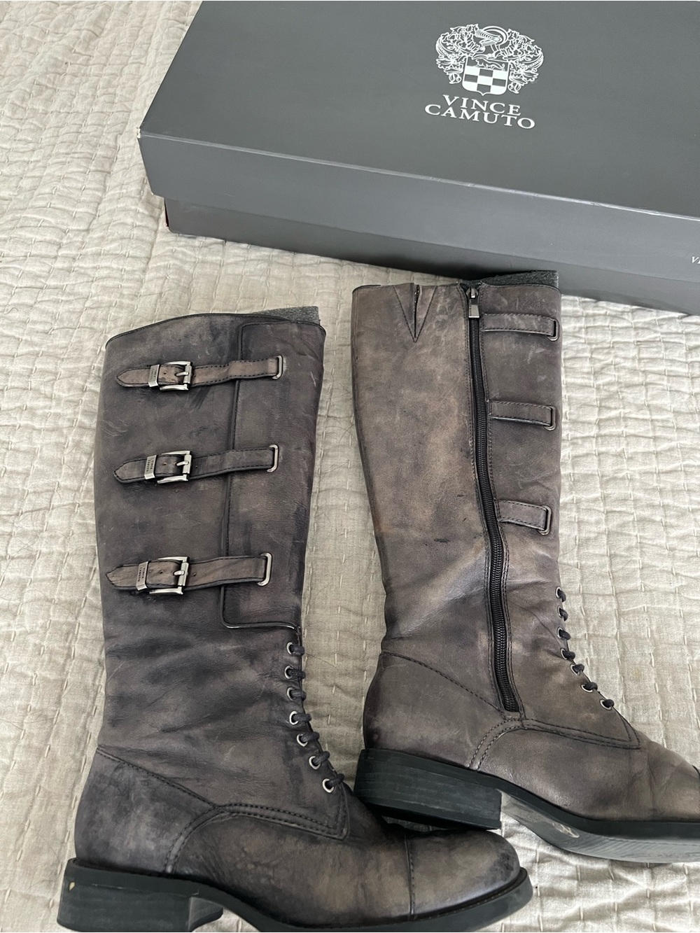 Vince Camuto Gray Lace-Up Buckle Knee-High Boots size 7.5
